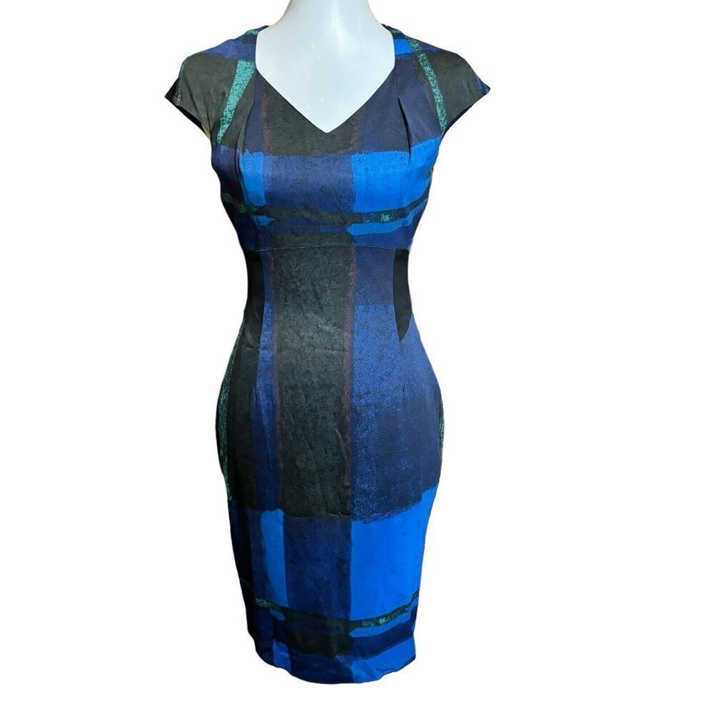 Karen Millen Sheath Dress Womens 6 Watercolor Check Acetate Cocktail Party